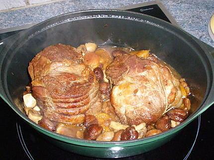 recette Rôti de porc aux châtaignes,champignons, abricots et miel