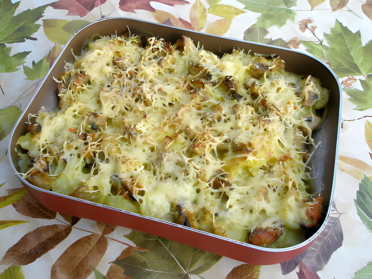 recette Gratin de Morue aux pommes de terre et champignons au curry