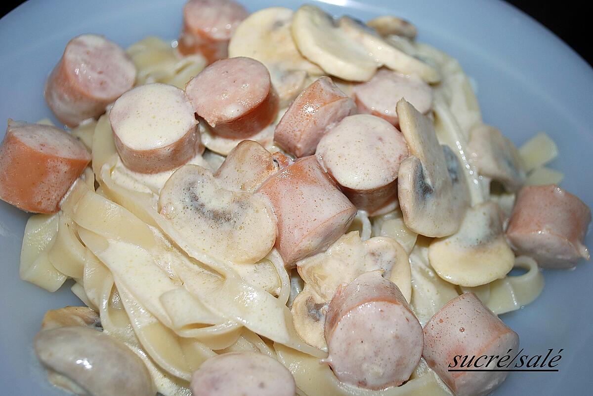 recette Tagliatelles aux saucisses de Franckfort et champignons ,sauce crème -citron