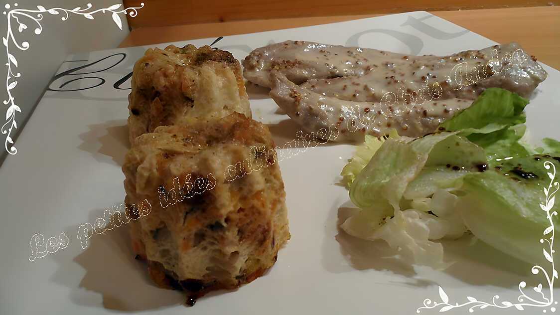 Cannelés carottes / champignons et aiguillettes de canard à la moutarde.