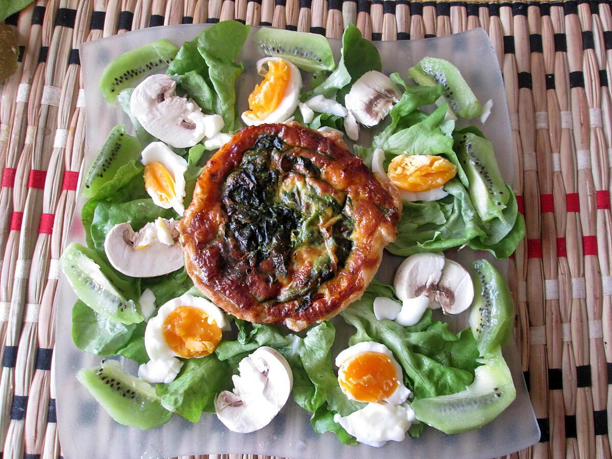 recette assiette   salade oeufs, champignons  kiwi;;;; flan champignons  épinards