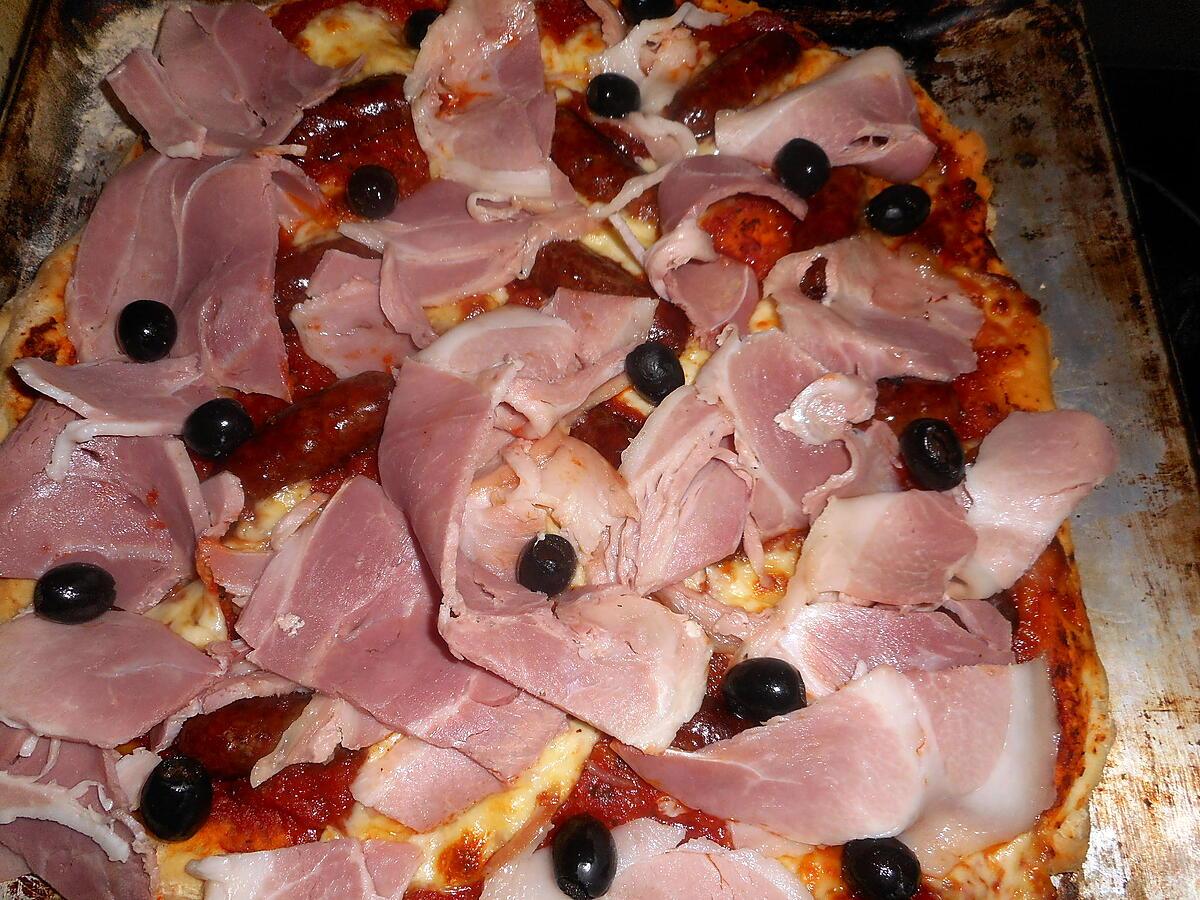 recette Pizza aux saucisses piquante, jambon,fromage