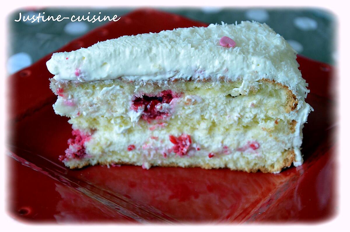 recette Le gâteau Coco (chocolat blanc/noix de coco/framboise)