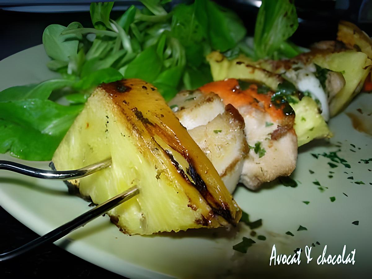 recette *Brochettes Grillées Salées-Sucrées ; Noix de saint Jacques, Ananas frais & abricot secs**