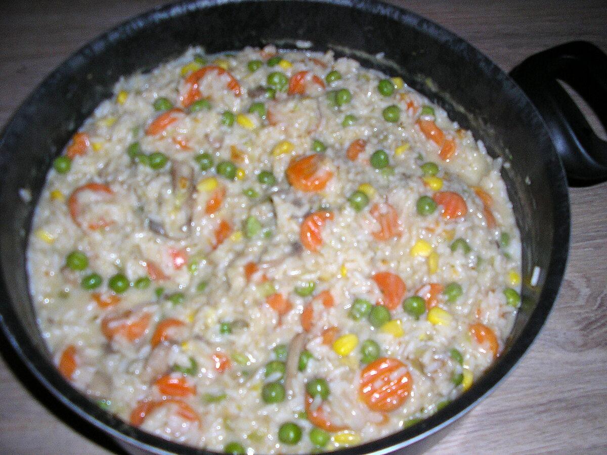 recette poêlé de légumes, riz et sa sauce crème fraîche et fond de volaille accompagné de filets de poulets roulés dans la chapelure