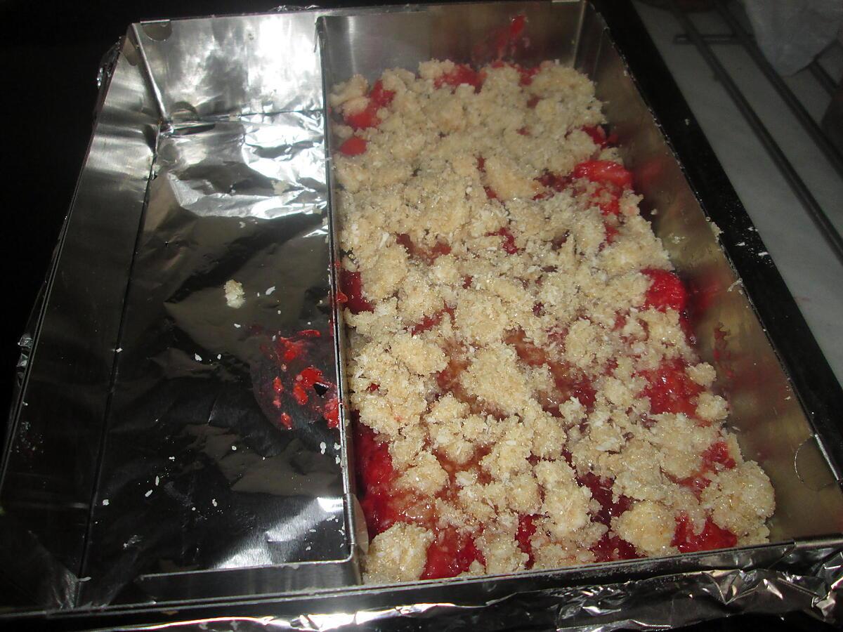 recette assiette   carrés streussel  aux fraises et noix de coco;  plaisir et gourmandise;;       et tarte rhubarbe abricot; etc