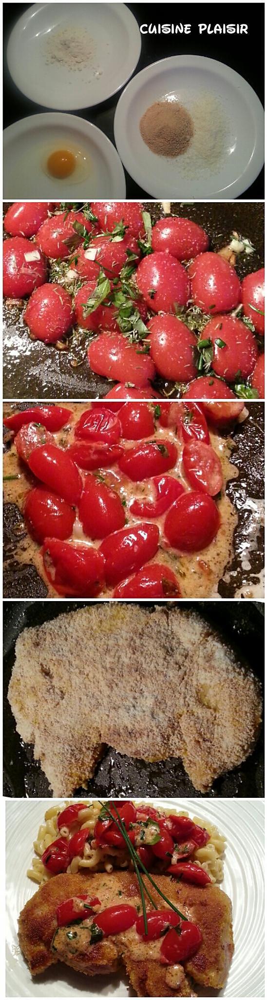 recette Entrecôtes de veau panée, sauce aux tomates cerise confites et coquillettes