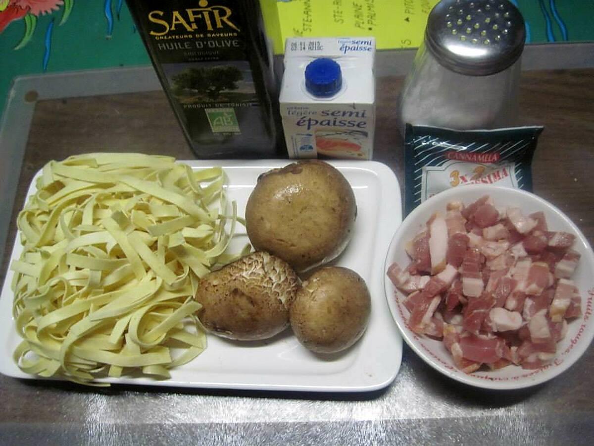 recette Pâtes tagliatelle carbonara.lardons. champignons.