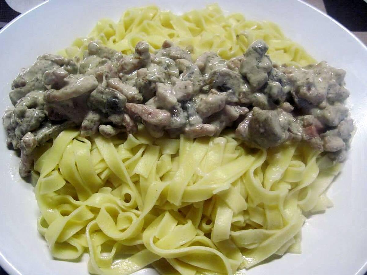 recette Pâtes tagliatelle carbonara.lardons. champignons.