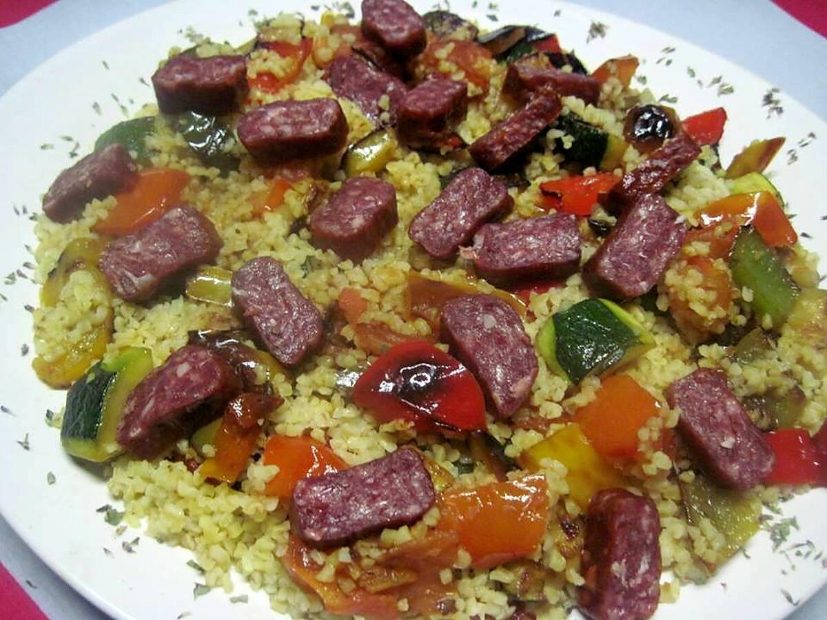 recette Boulgour aux saucisses gendarme et légumes.