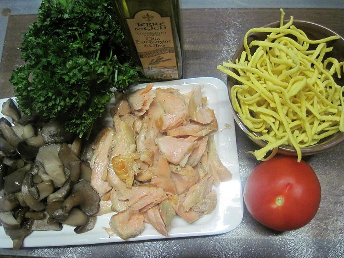 recette Pâtes Spaetzle au saumon et champignons.