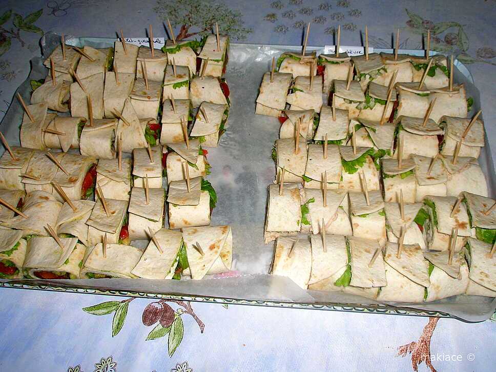 recette Apéro sympa et sans cuisson avec des wraps de thon au fromage et de poulet au guacamole !!!