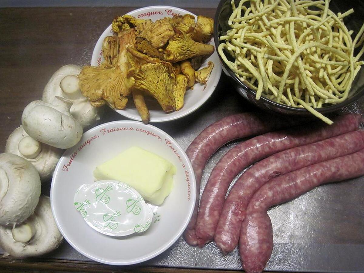 recette Pâtes Spaetzle aux champignons et petites saucisses.