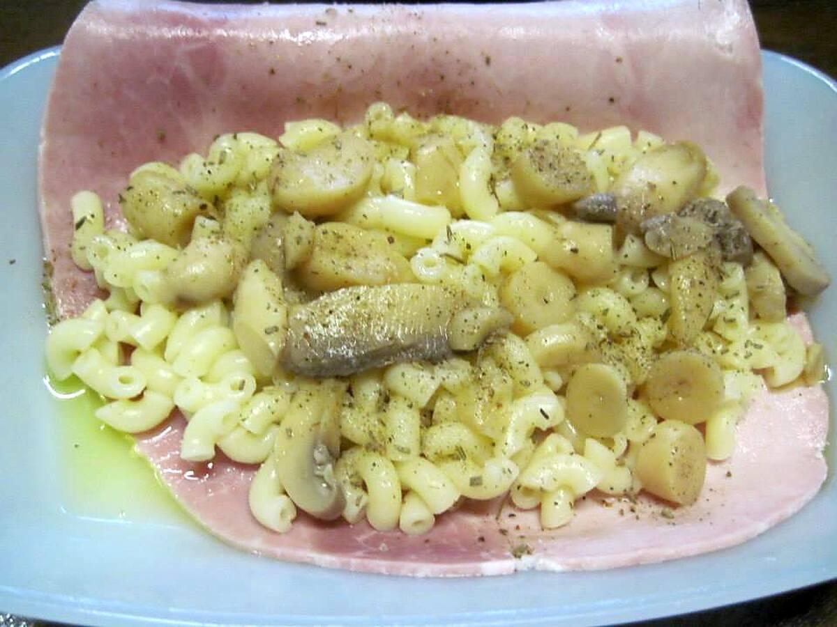 recette Jambon garni aux pâtes et gratiné.