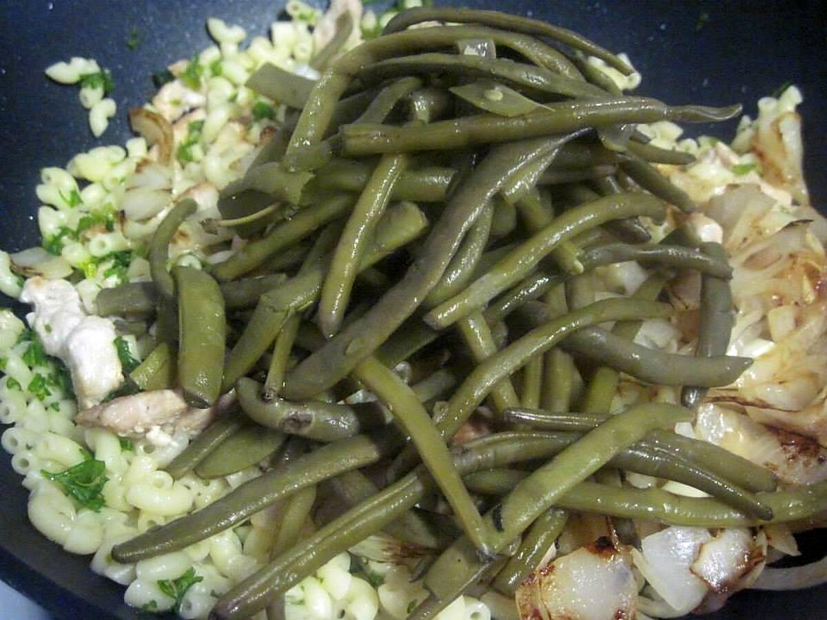 recette Coquillette aux haricots verts. émincé de poulet.