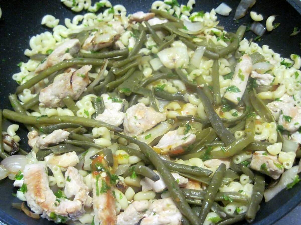 recette Coquillette aux haricots verts. émincé de poulet.