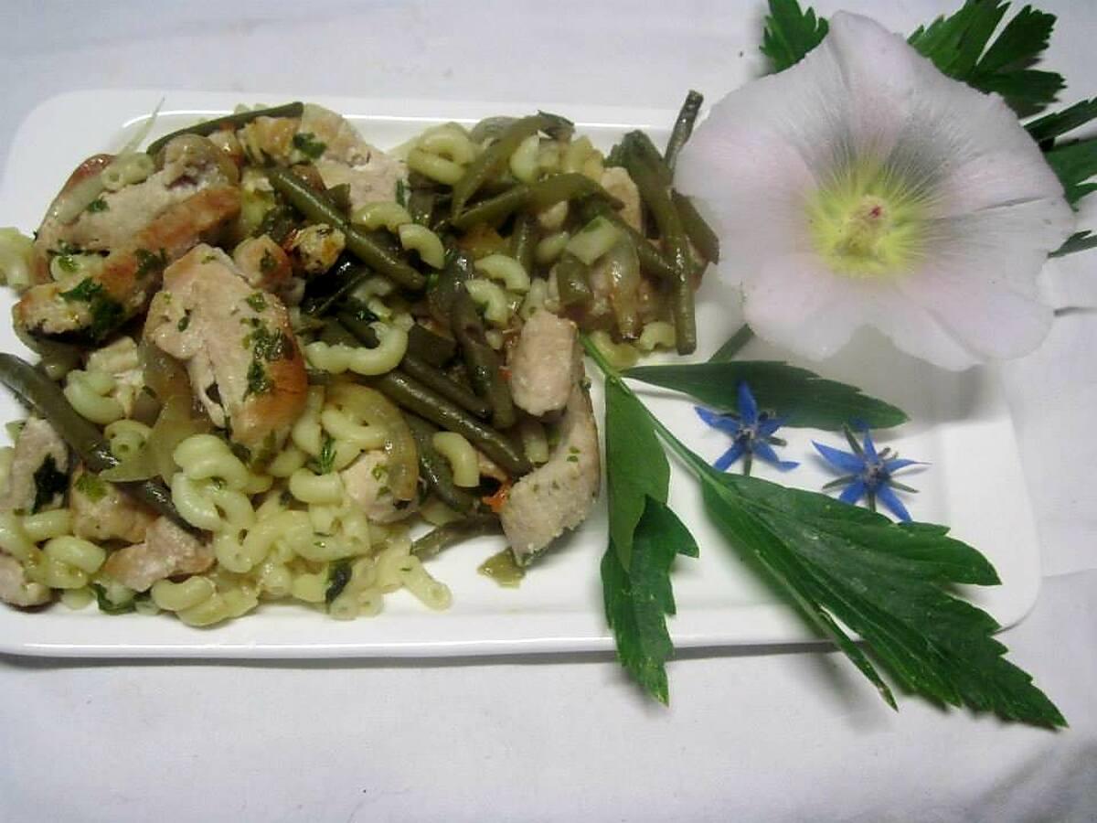 recette Coquillette aux haricots verts. émincé de poulet.