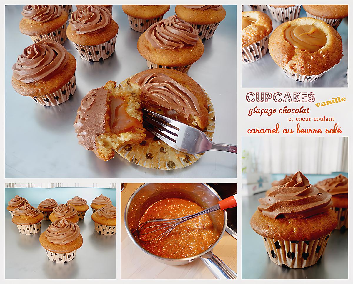 recette Cupcake vanille, glaçage au chocolat et cœur coulant caramel au beurre salé