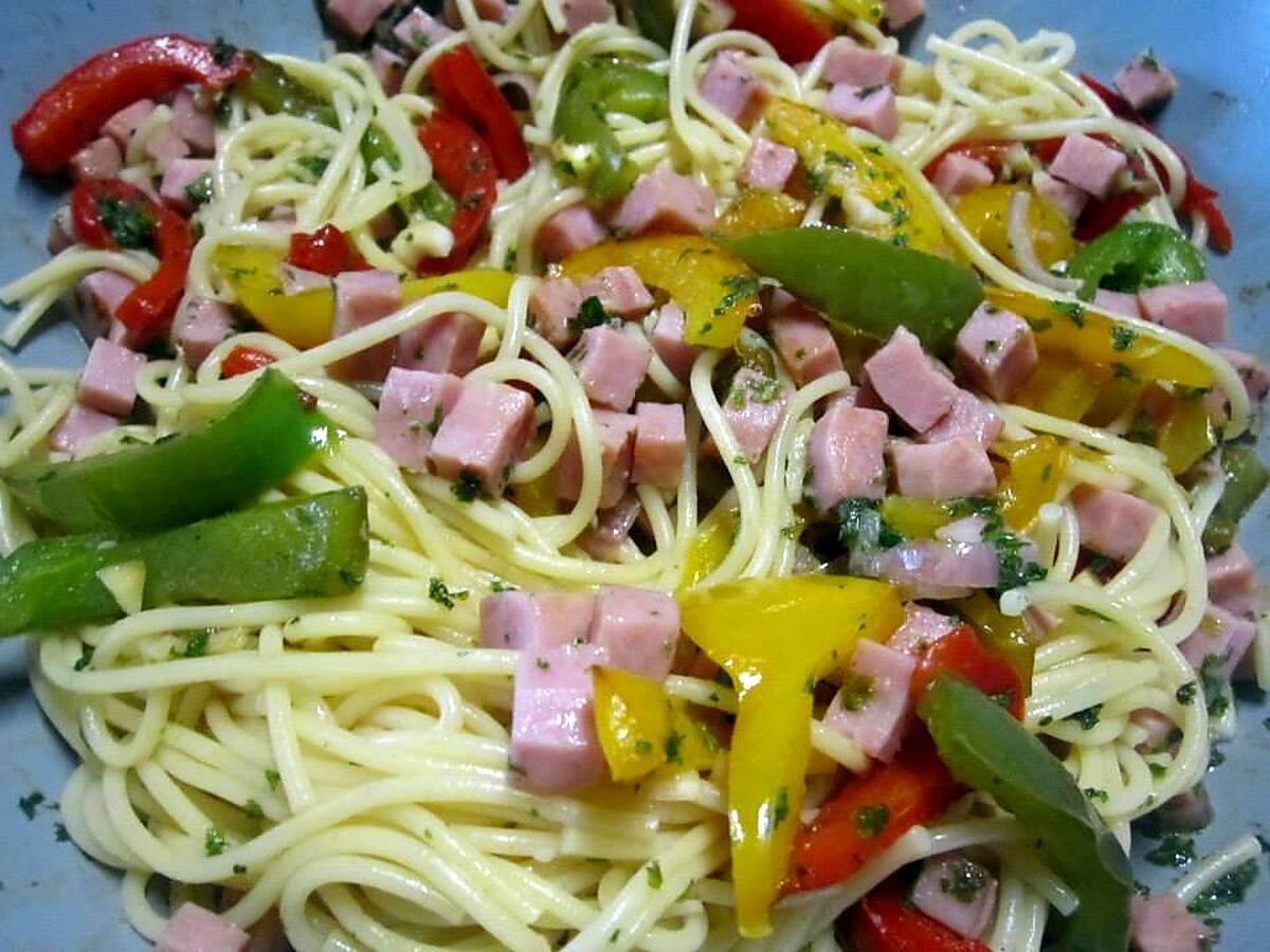 recette Spaghettis aux poivrons et dés de jambon.