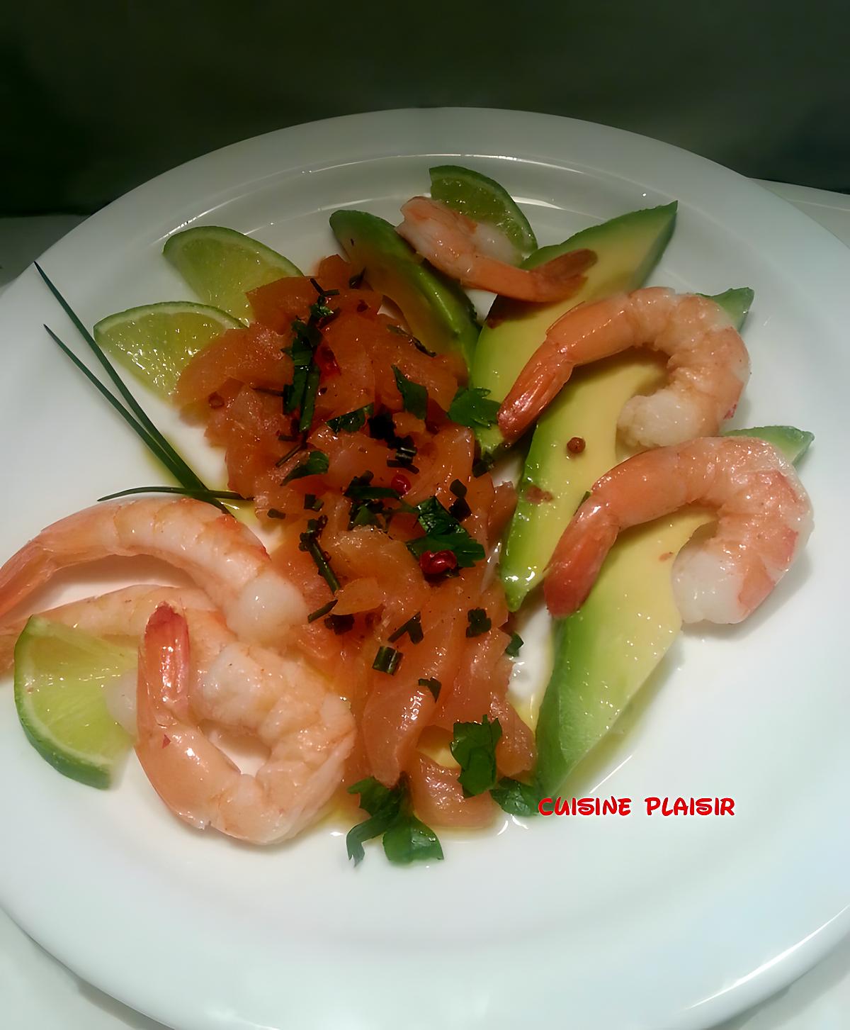 recette Saumon cru mariné aux crevettes et avocat