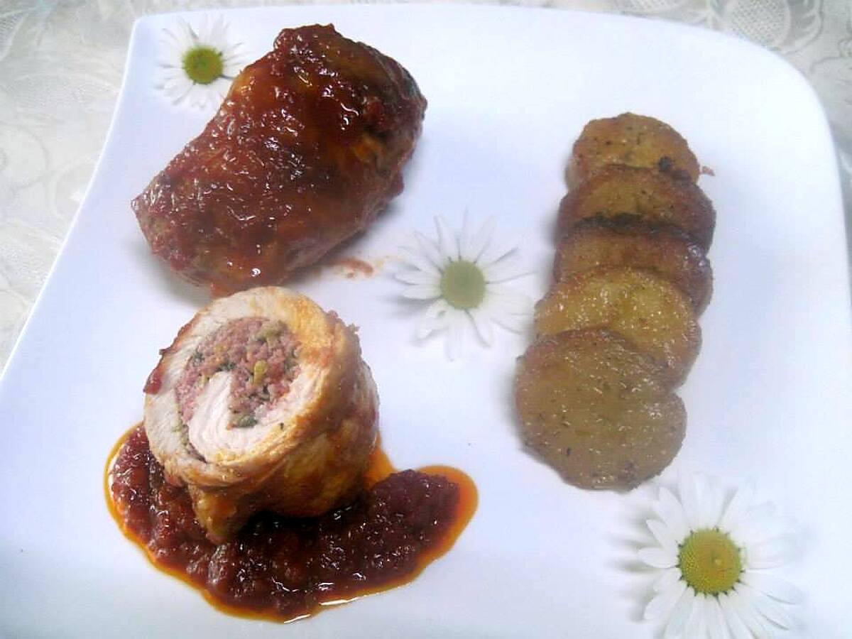 recette Escalopes de jambon farcies. basilic. sauce tomates.