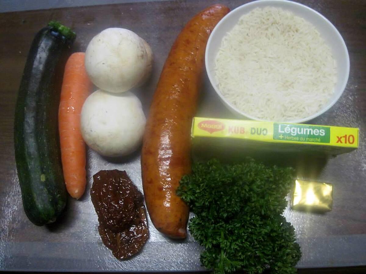 recette Riz aux légumes et saucisson à l'ail fumé.