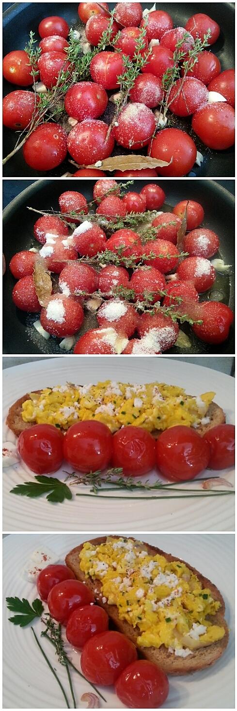 recette Tartine grillée aux œufs brouillés, ciboulette et tomates confites