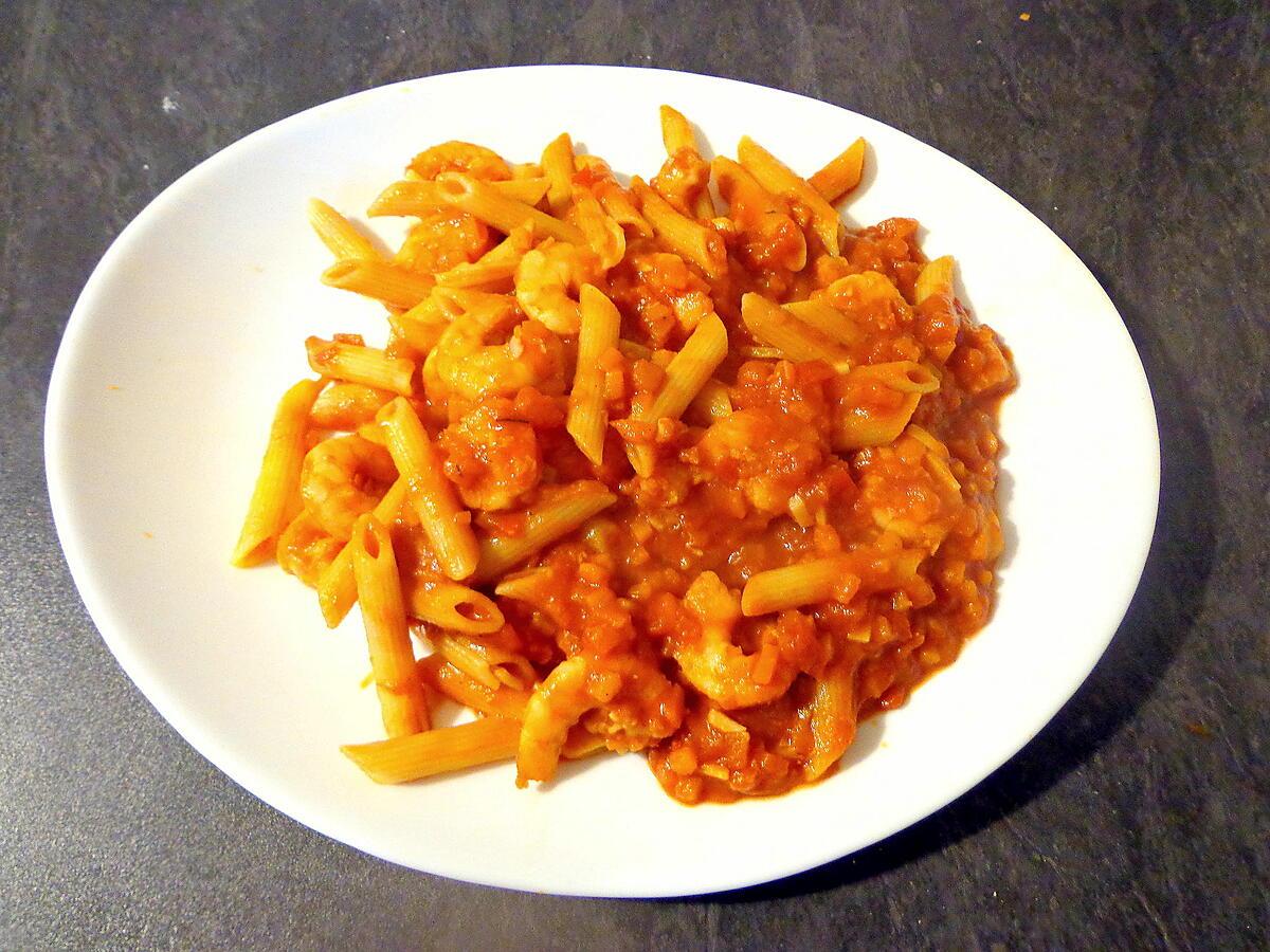 recette Penne Rigate aux crevettes sauce épicée