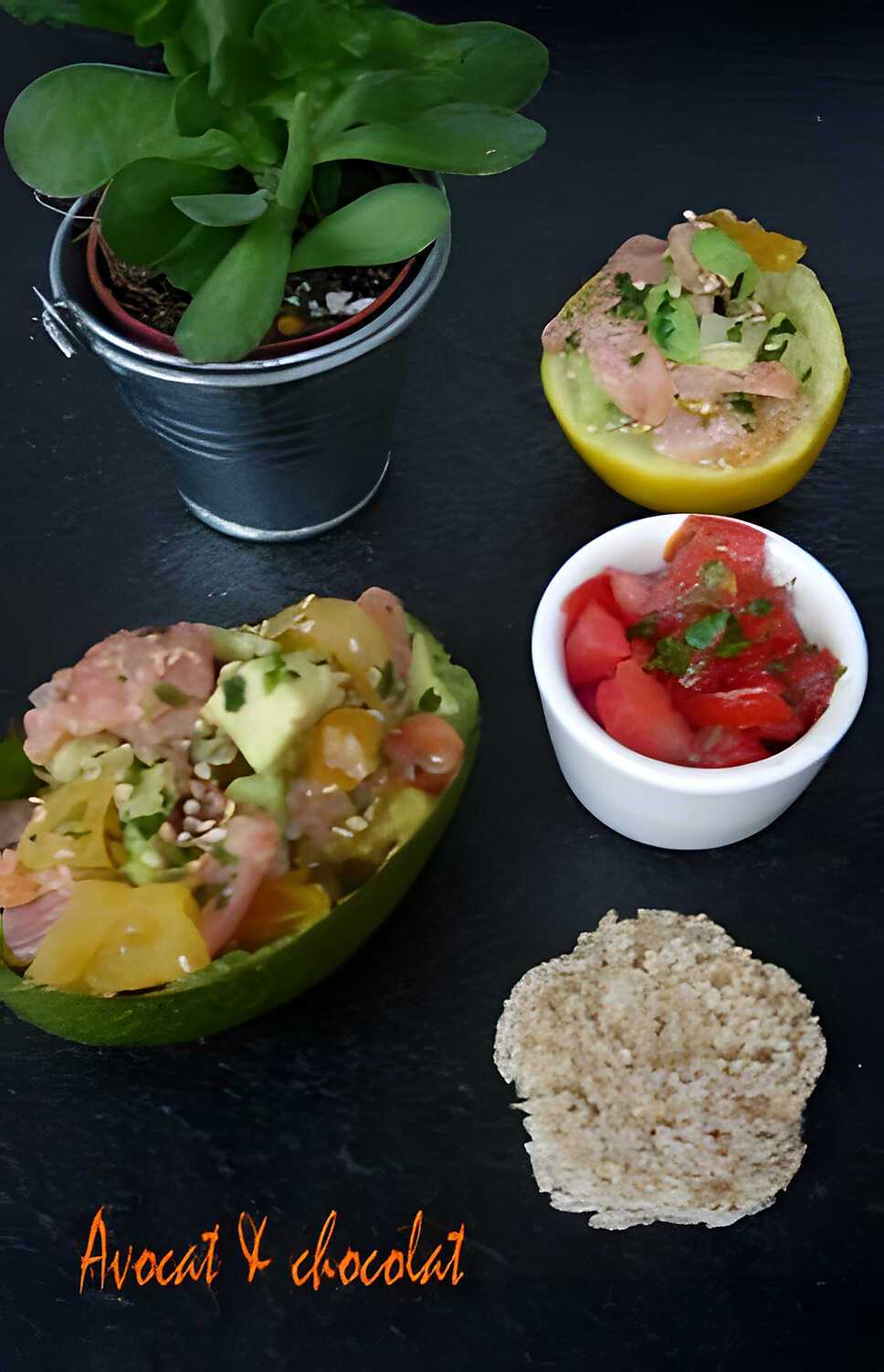 recette **Petits farcis de Citron et d'Avocat au Saumon, Abricots secs avec un tartare de tomate à la coriandre**
