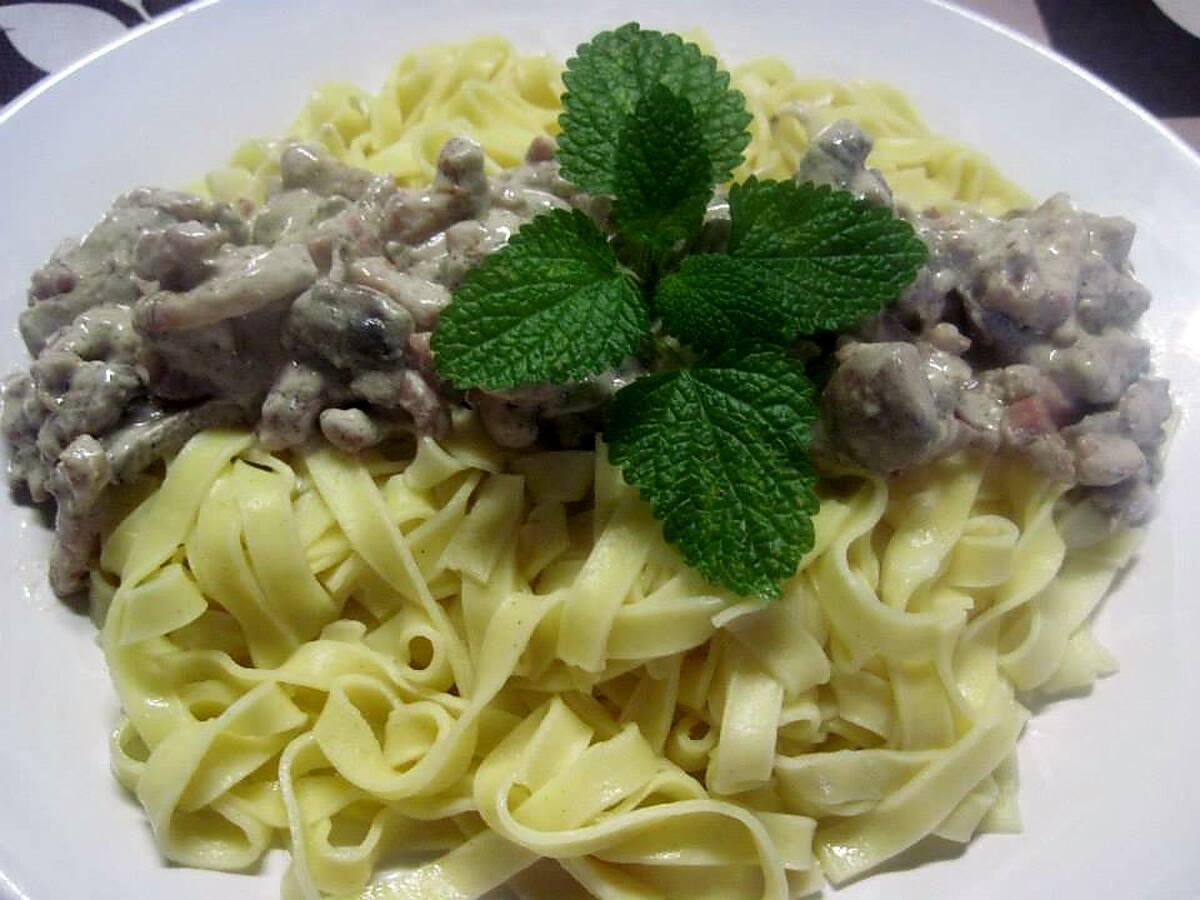 recette Pâtes tagliatelle carbonara.lardons. champignons.