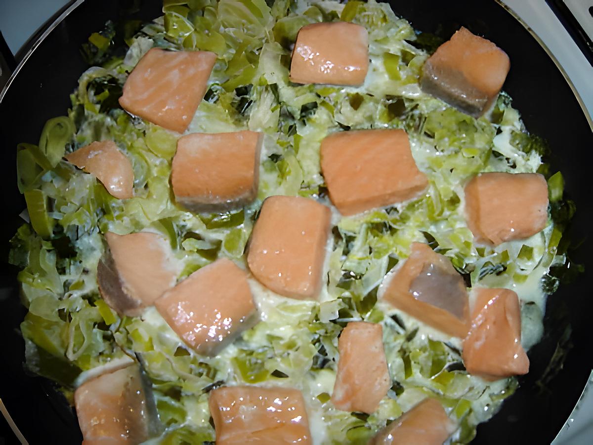 recette dés de saumon sur lit de poireau