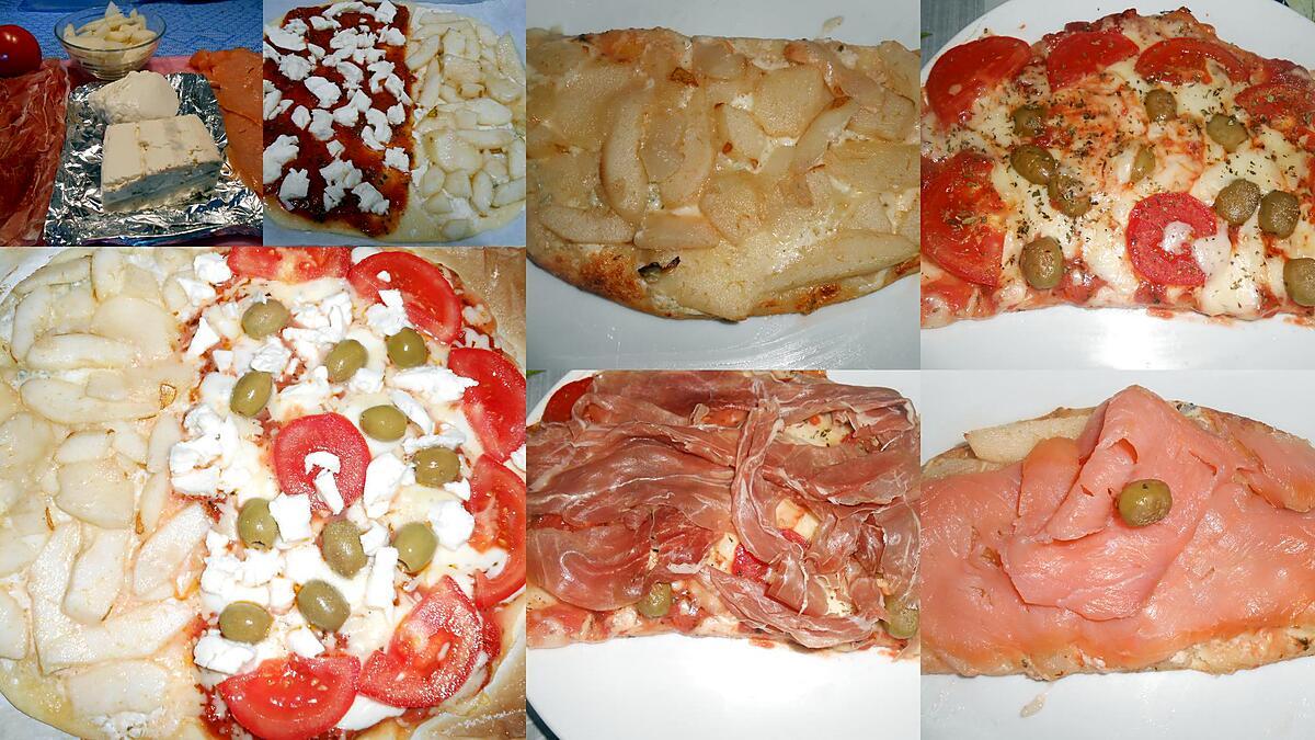 recette PIZZA DUO : MASCARPONE GORGONZOLA POIRE SAUMON/TOMATE MOZZA CHIFFONNADE DE JAMBON D'AOSTE