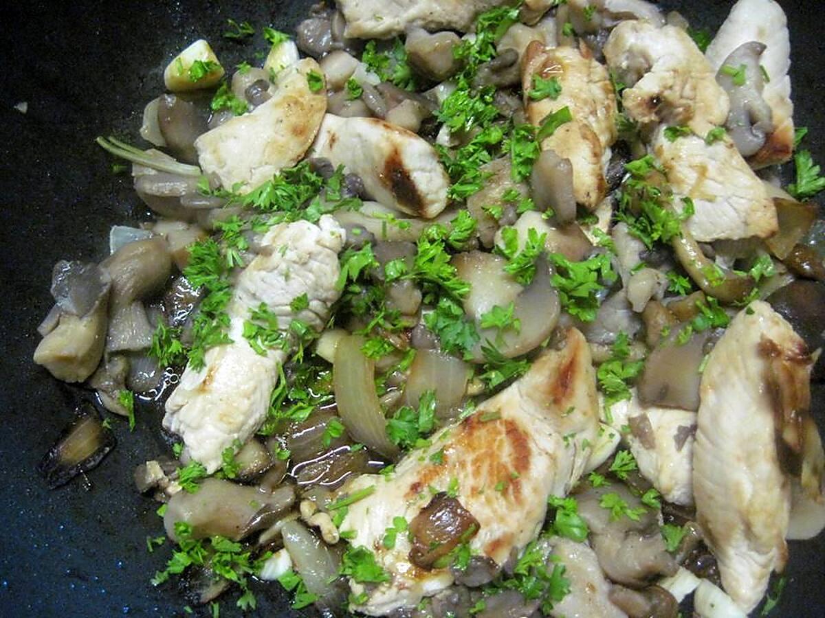 recette Émincé de poulet aux cocktail de champignons.