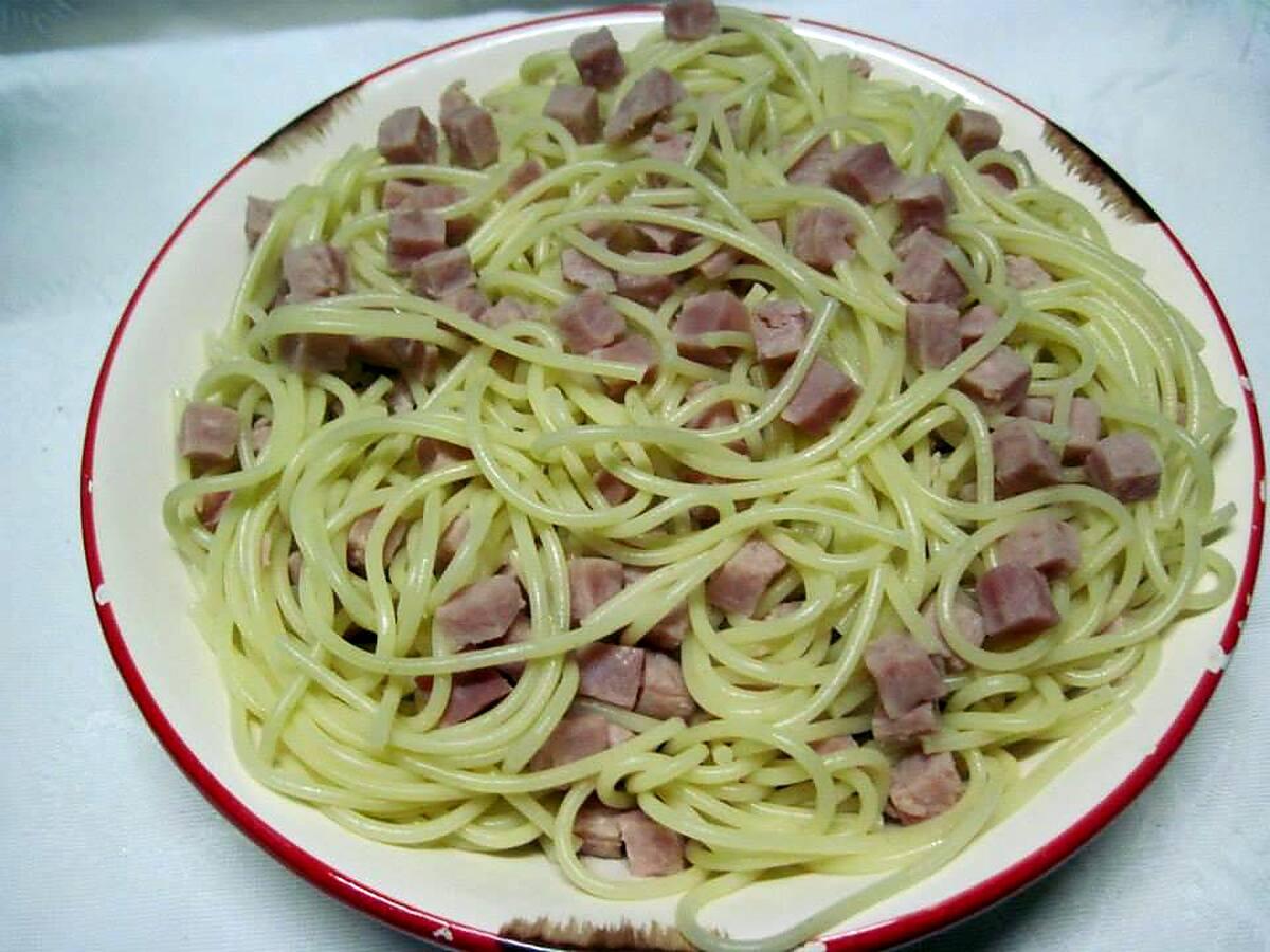 recette Spaghettis au chorizo et dés de jambon.