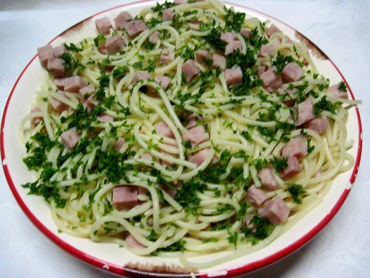 recette Spaghettis au chorizo et dés de jambon.