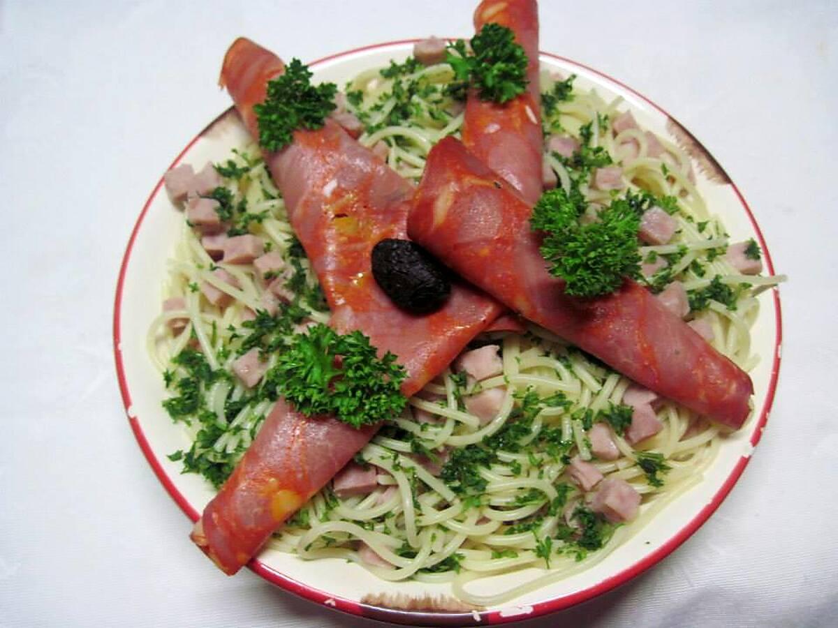 recette Spaghettis au chorizo et dés de jambon.