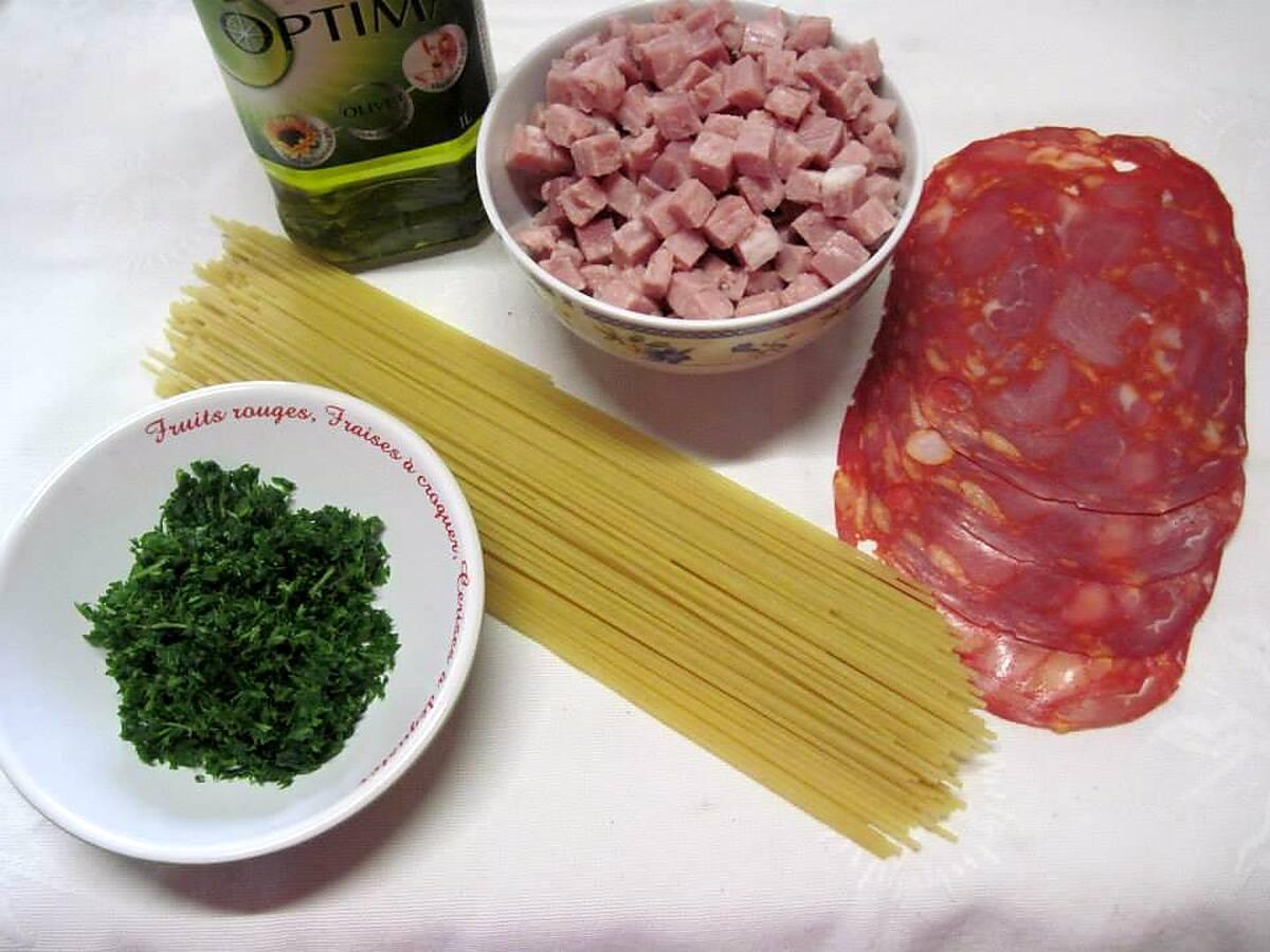 recette Spaghettis au chorizo et dés de jambon.