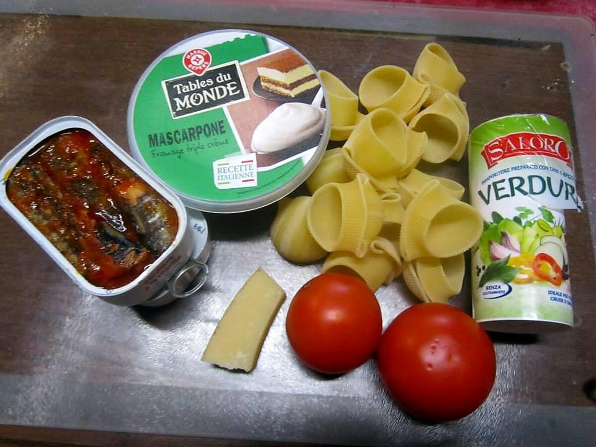 recette Pâtes Lumaconi au mascarpone. sardines. parmesan au four.