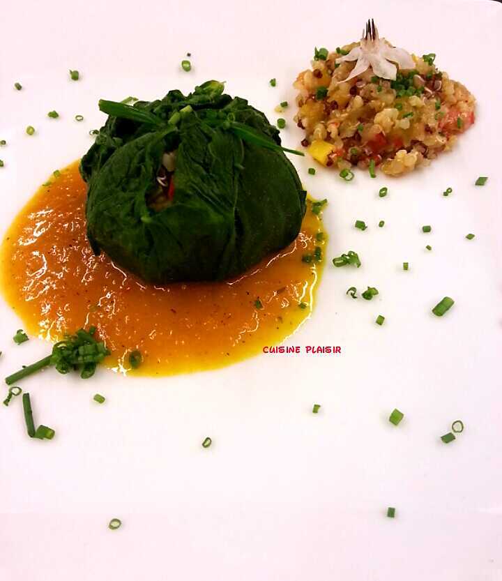 recette Ballotine de Consoude au quinoa, jus de courgette au curcuma fleur de Bourrache
