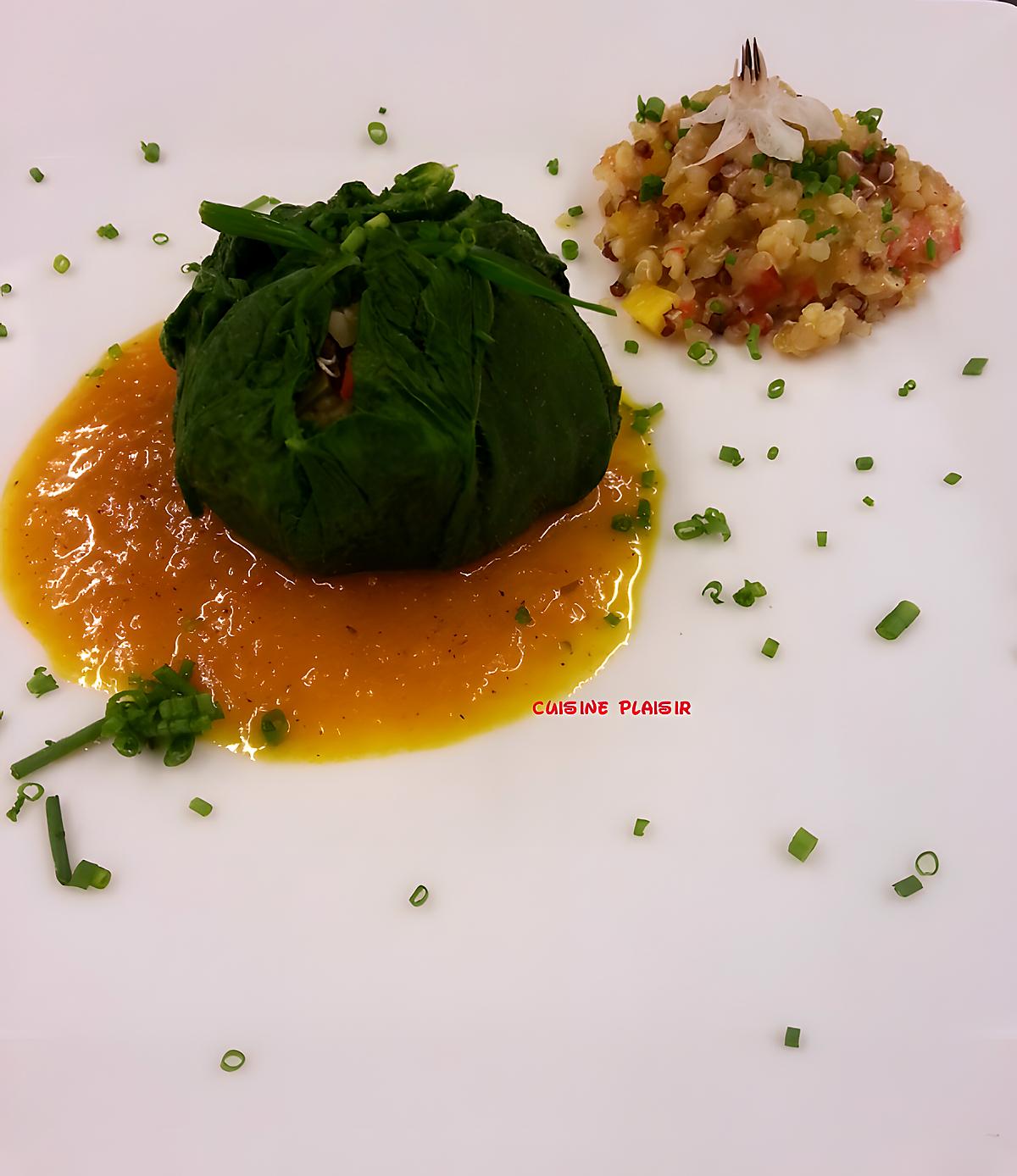 recette Ballotine de Consoude au quinoa, jus de courgette au curcuma  fleur de Bourrache