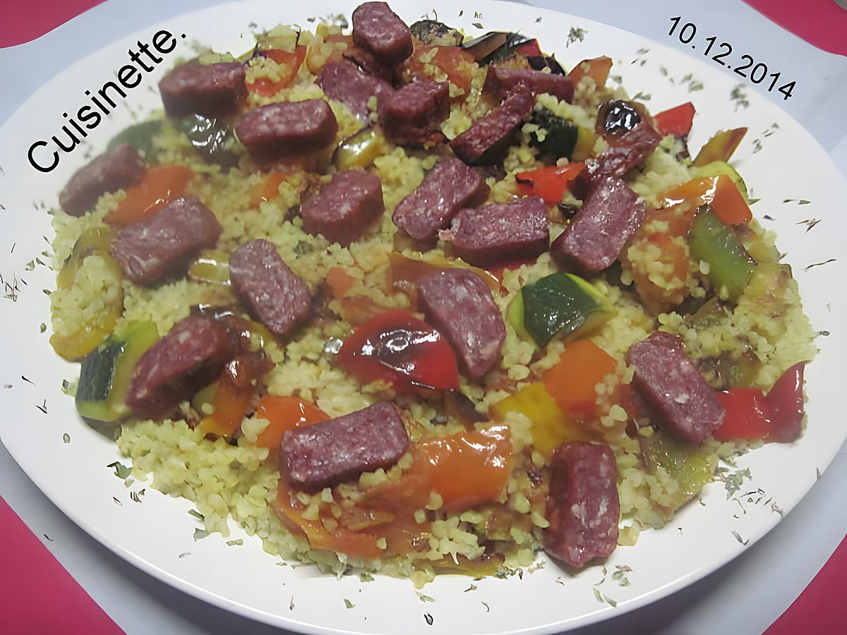 recette Boulgour aux saucisses gendarme et légumes.