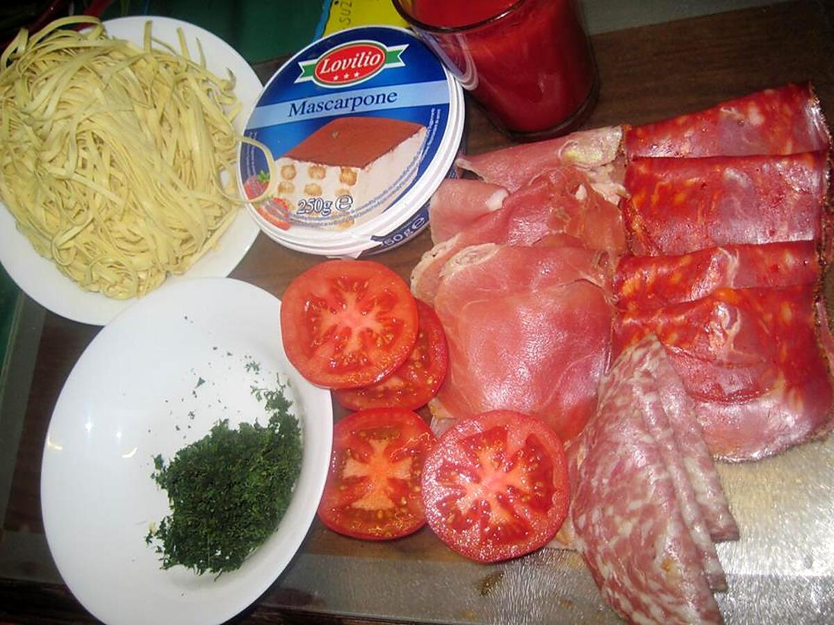 recette Pâtes Italienne et charcuteries.tomates.