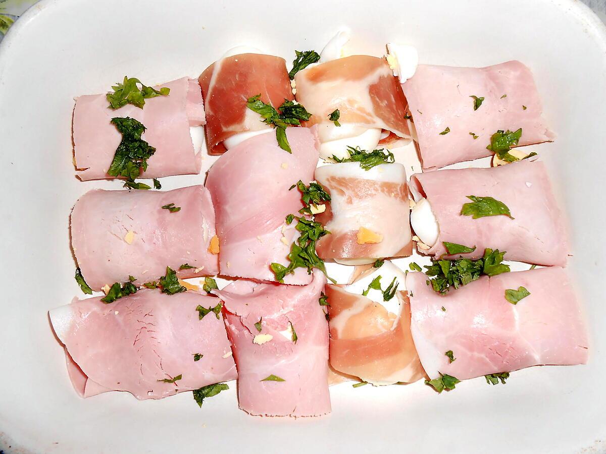 recette INVOLTINI DE JAMBON FARCIS AUX OEUFS DURS GRATINES