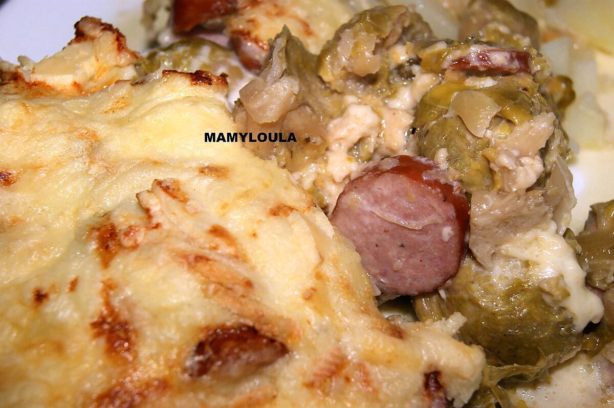 recette Gratin de choux de bruxelles aux saucisses de Montbéliard