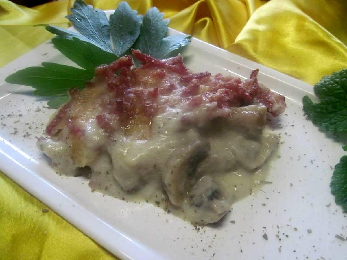 recette Champignons et bacon à la béchamel gratinés.