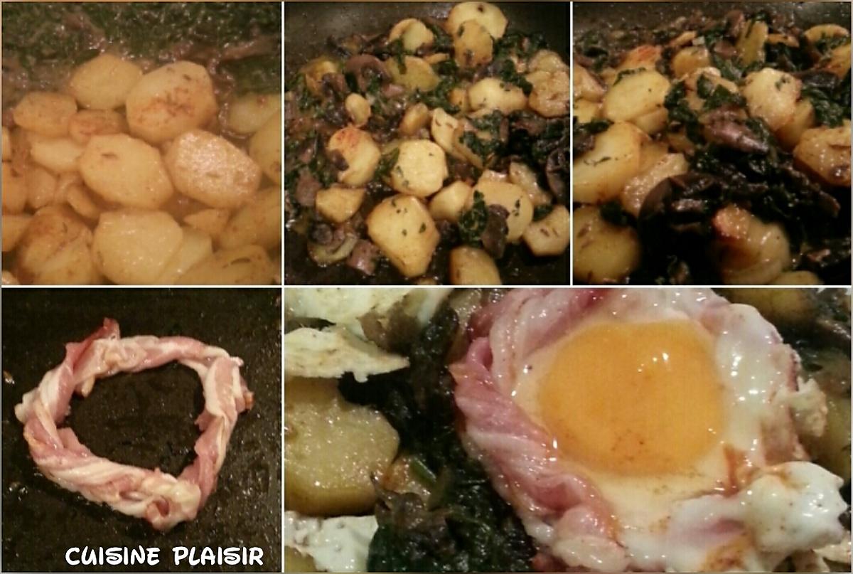recette Oeuf sur poêlée de pommes de terre aux épices, épinards et champignons.
