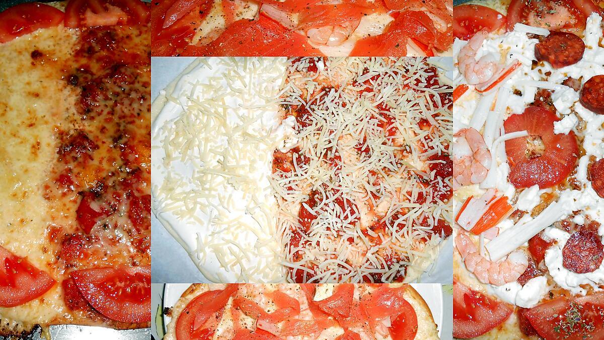 recette PIZZA DUO " TOMATE CHORIZO ET CREVETTES SURIMI ET SAUMON FUME"