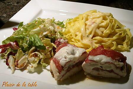 recette Saltimbocca de poulet, fettuccini sauce moutardée aux tomates séchées et au piment d'espelette