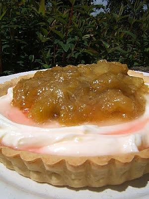 recette Tarte à la rhubarbe au mascarpone / gingembre confit et sirop de rose sur une pâte brisée au gingembre