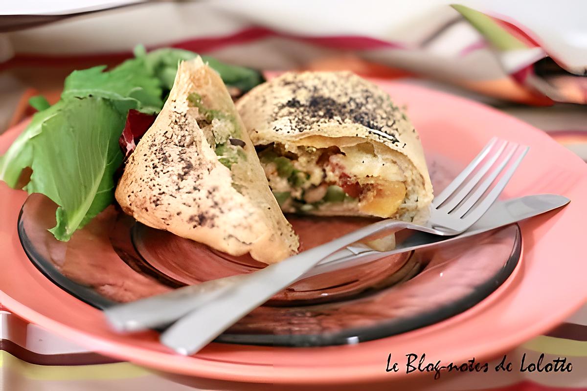 recette Strudel au fromage de chèvre frais, petits pois, chorizo et abricots secs